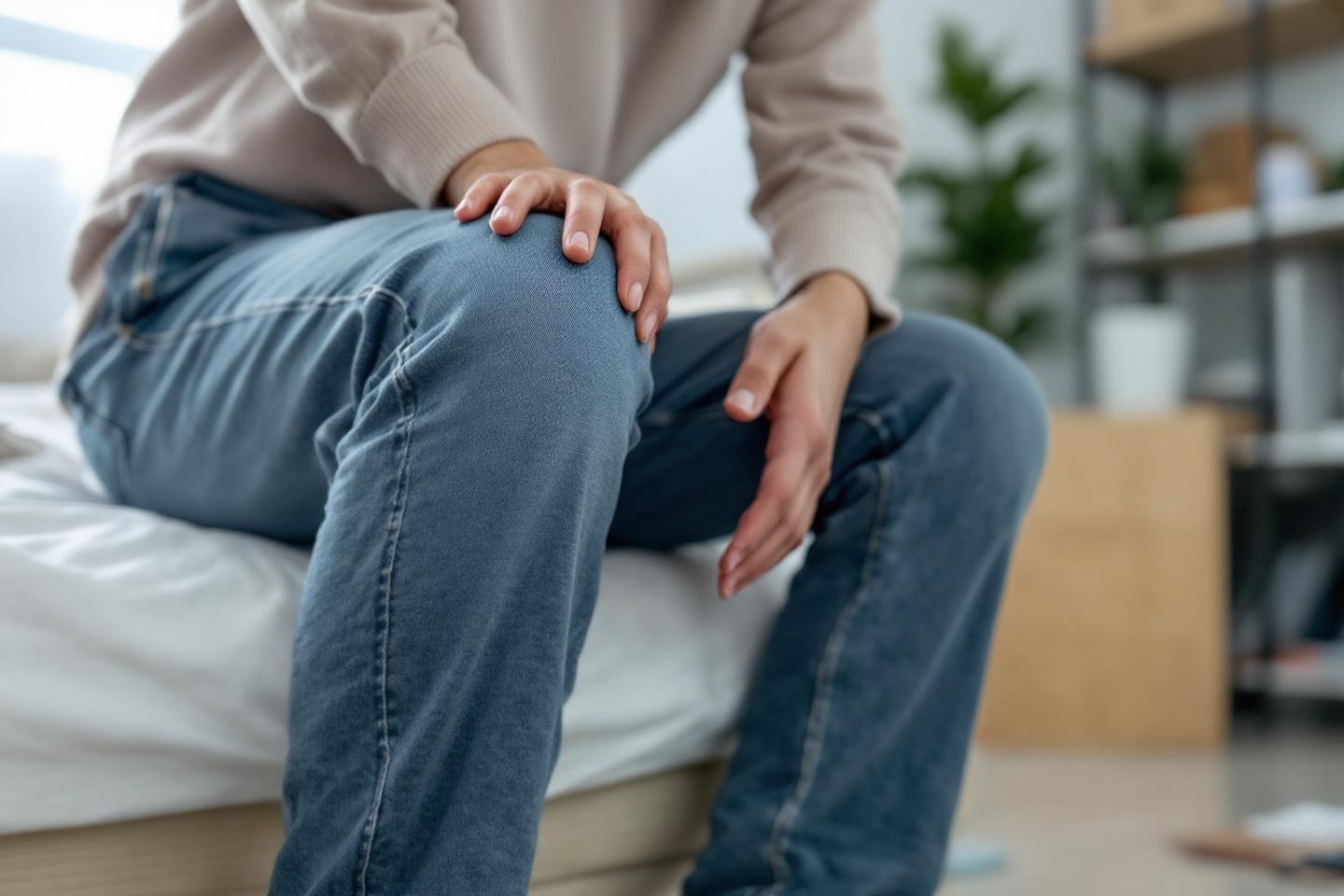 Mains touchant un genou douloureux dans un jean bleu