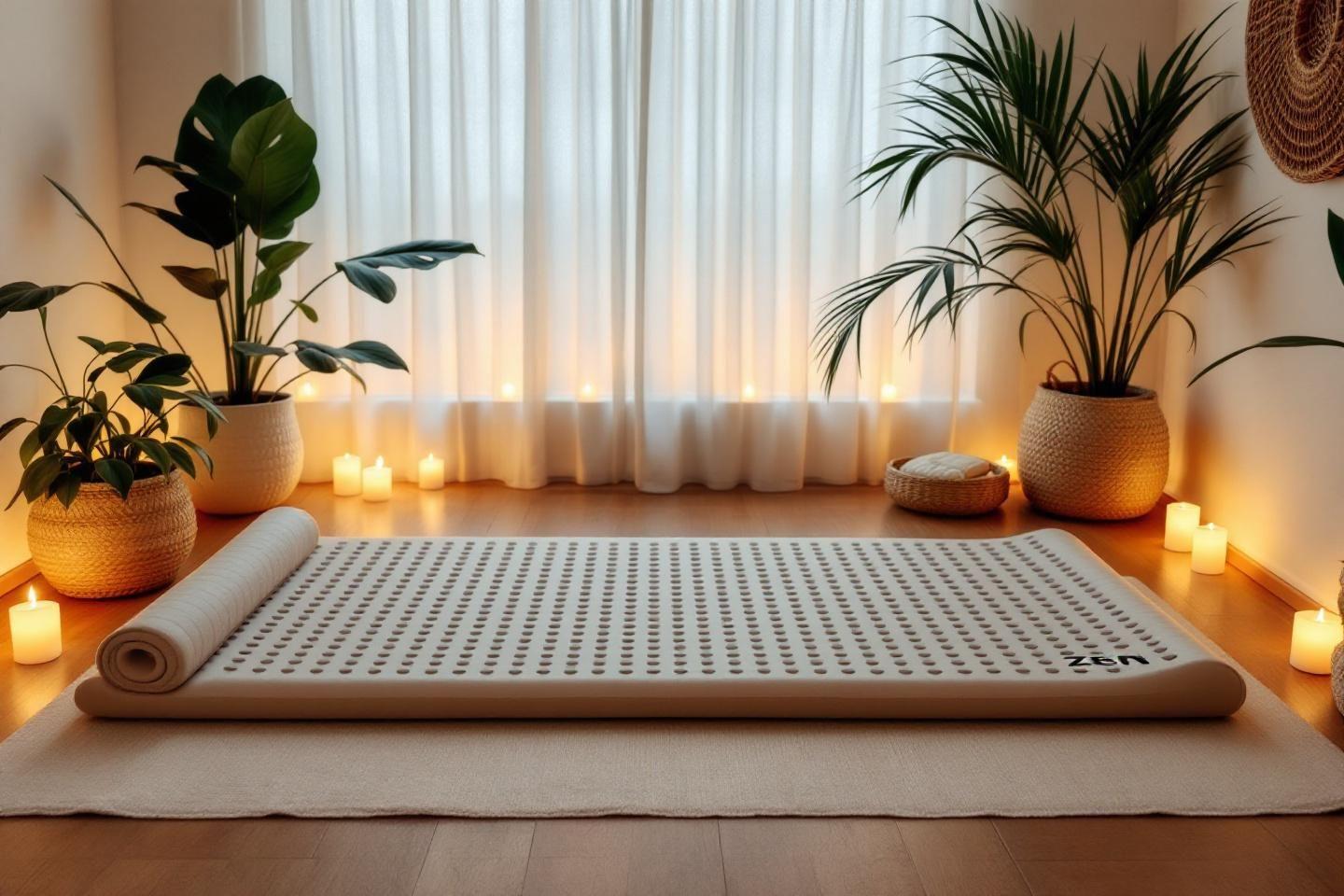 Tapis de méditation entouré de bougies et de plantes vertes