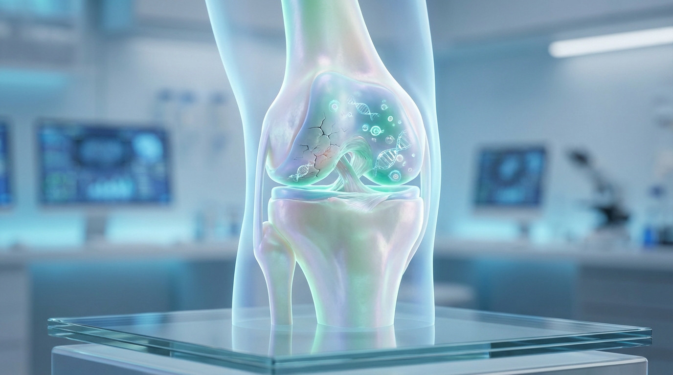 Stylized translucent knee joint shows cartilage regeneration with glowing DNA strands in a futuristic lab. Symbolizes scientific healing.