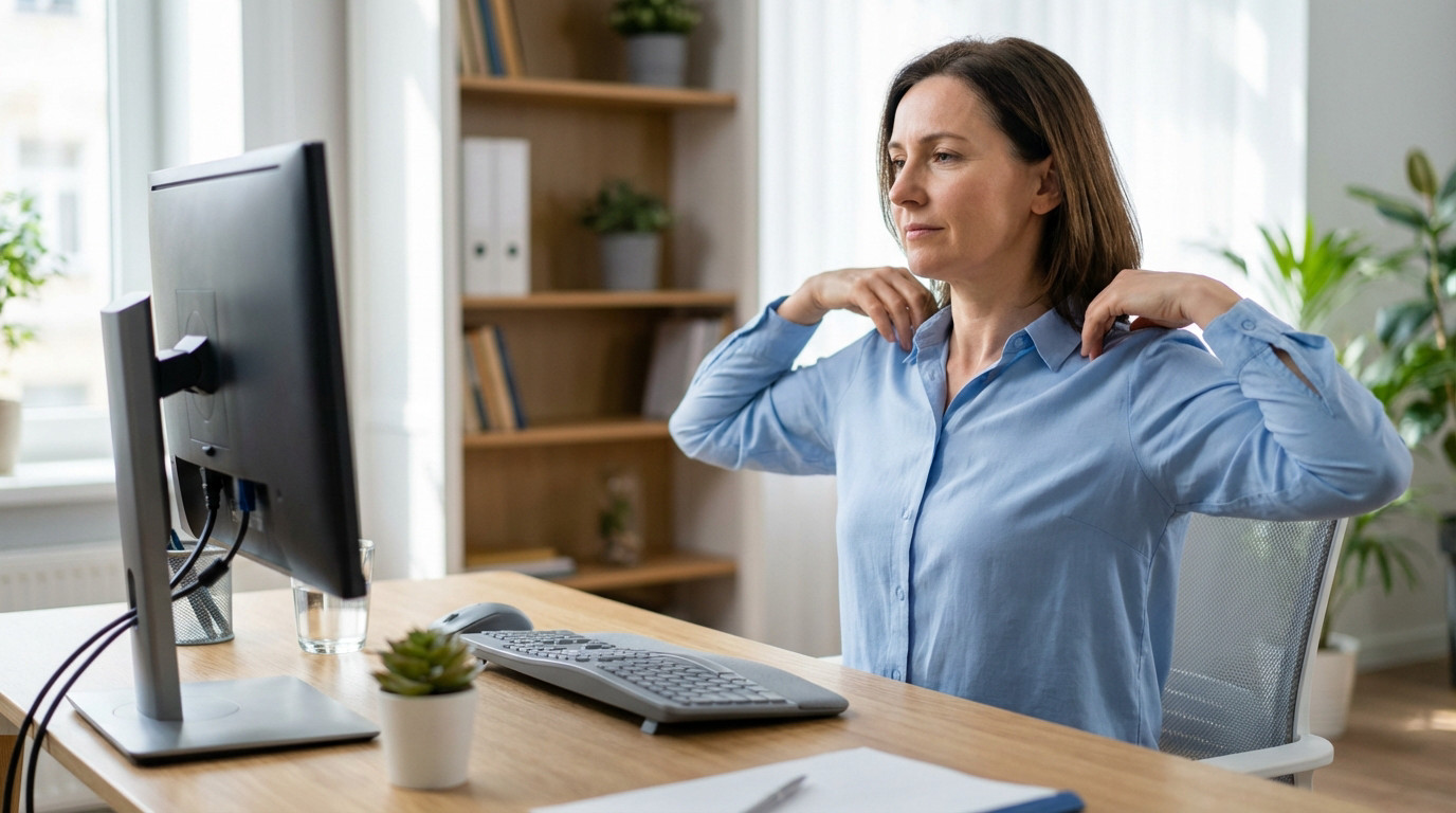 A woman in a blue shirt gently rolls her shoulders at a clean, modern office desk with a monitor, plant, and glass of water.