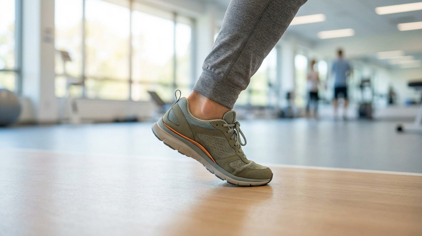 Lower leg and foot in a neutral-toned athletic shoe with supportive sole, mid-step in a bright rehab space.