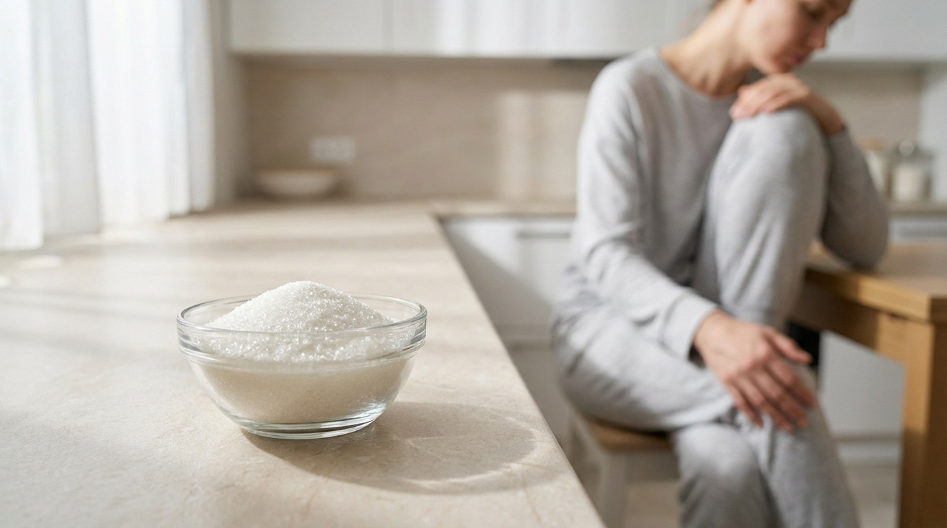 Close-up of a sugar bowl on a kitchen counter, with a blurred figure in light clothing seated, hand on knee, conveying unease.