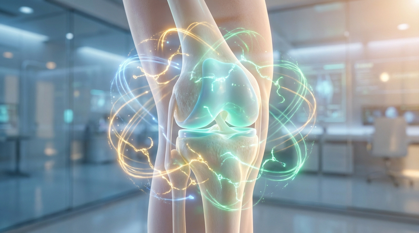 Image numérique d'un genou humain transparent avec l'articulation illuminée, entourée d'ondes d'énergie. Contexte médical futuriste.