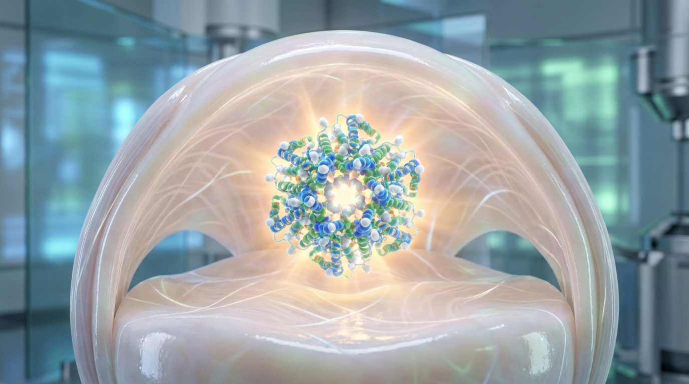 Image 3D d'une protéine sphérique lumineuse (bleu, vert, blanc) dans une structure translucide, fond de laboratoire scientifique.
