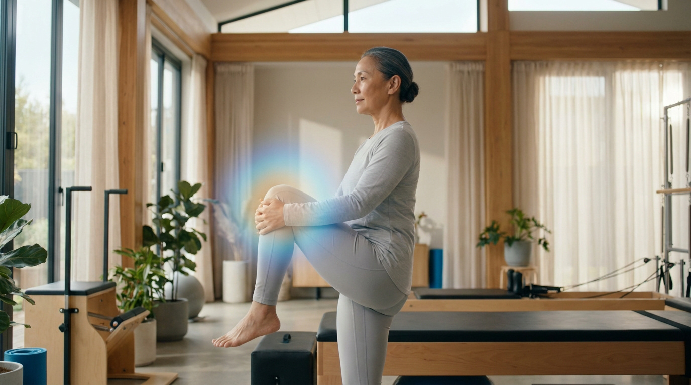 Femme d'âge mûr faisant un étirement du genou avec une aura lumineuse, symbolisant le soulagement de la douleur de l'arthrose.