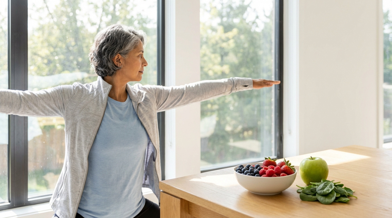 Femme d'âge mûr faisant du yoga devant une fenêtre, avec un bol de fruits rouges, une pomme et des épinards sur une table.