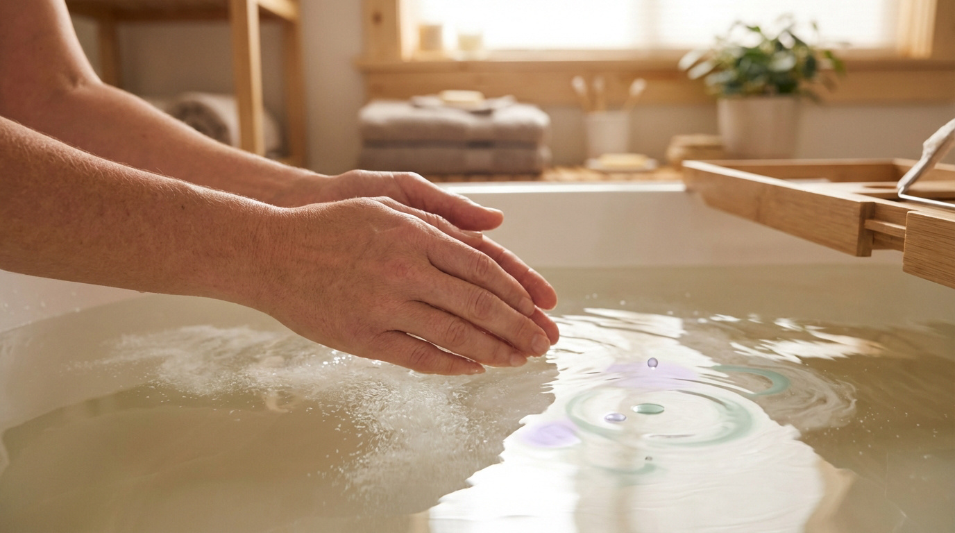 Mains immergées dans l'eau d'une baignoire, créant des ondulations. Un bain apaisant avec des produits naturels en arrière-plan.