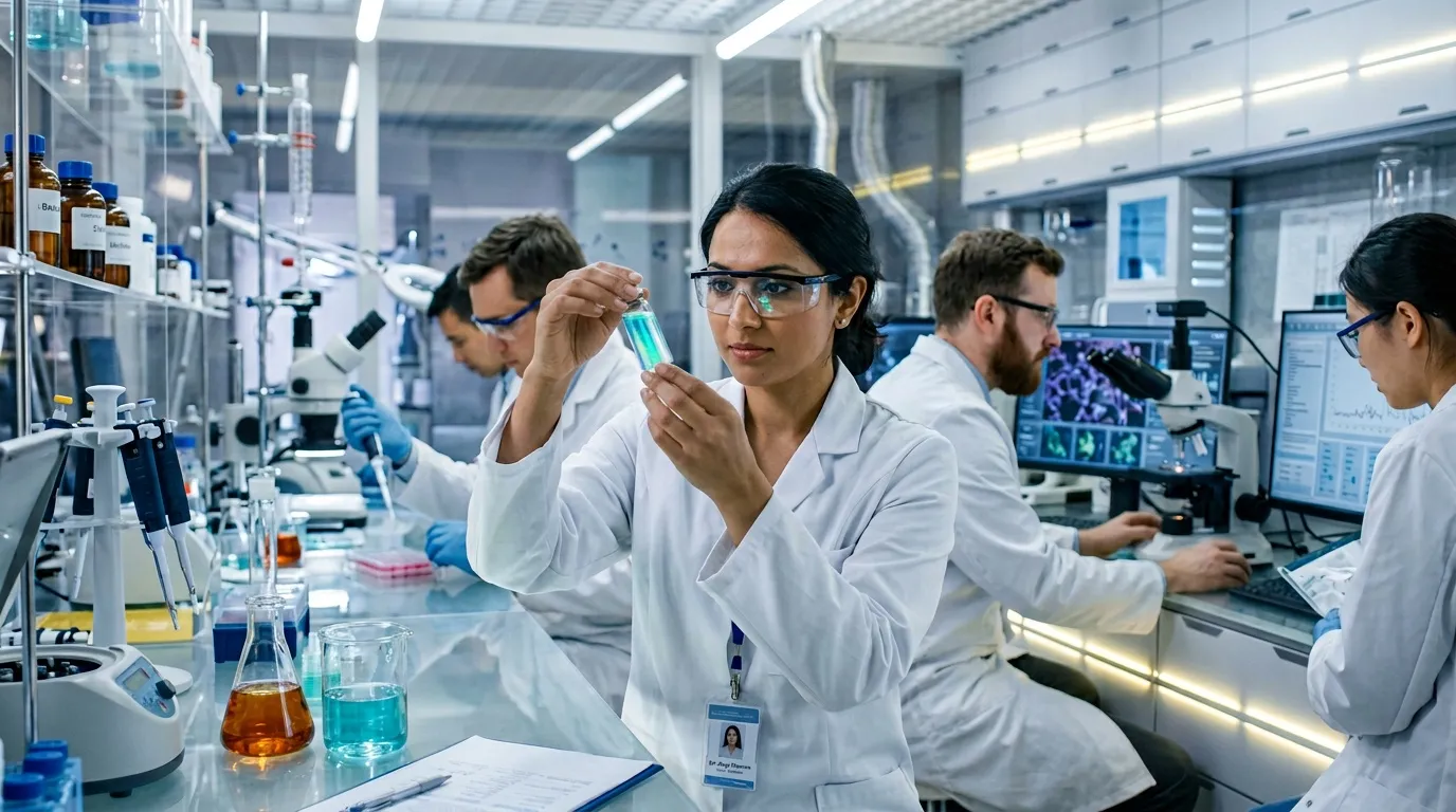 Chercheurs en blouse blanche travaillant avec des solutions chimiques en laboratoire.