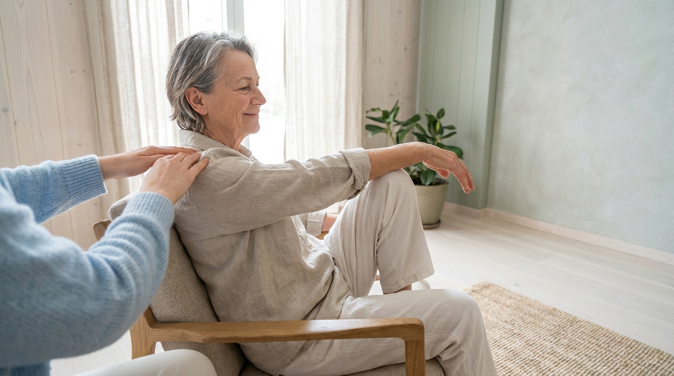Femme âgée souriante recevant un massage apaisant aux épaules dans un fauteuil. Scène de bien-être et de soin doux.