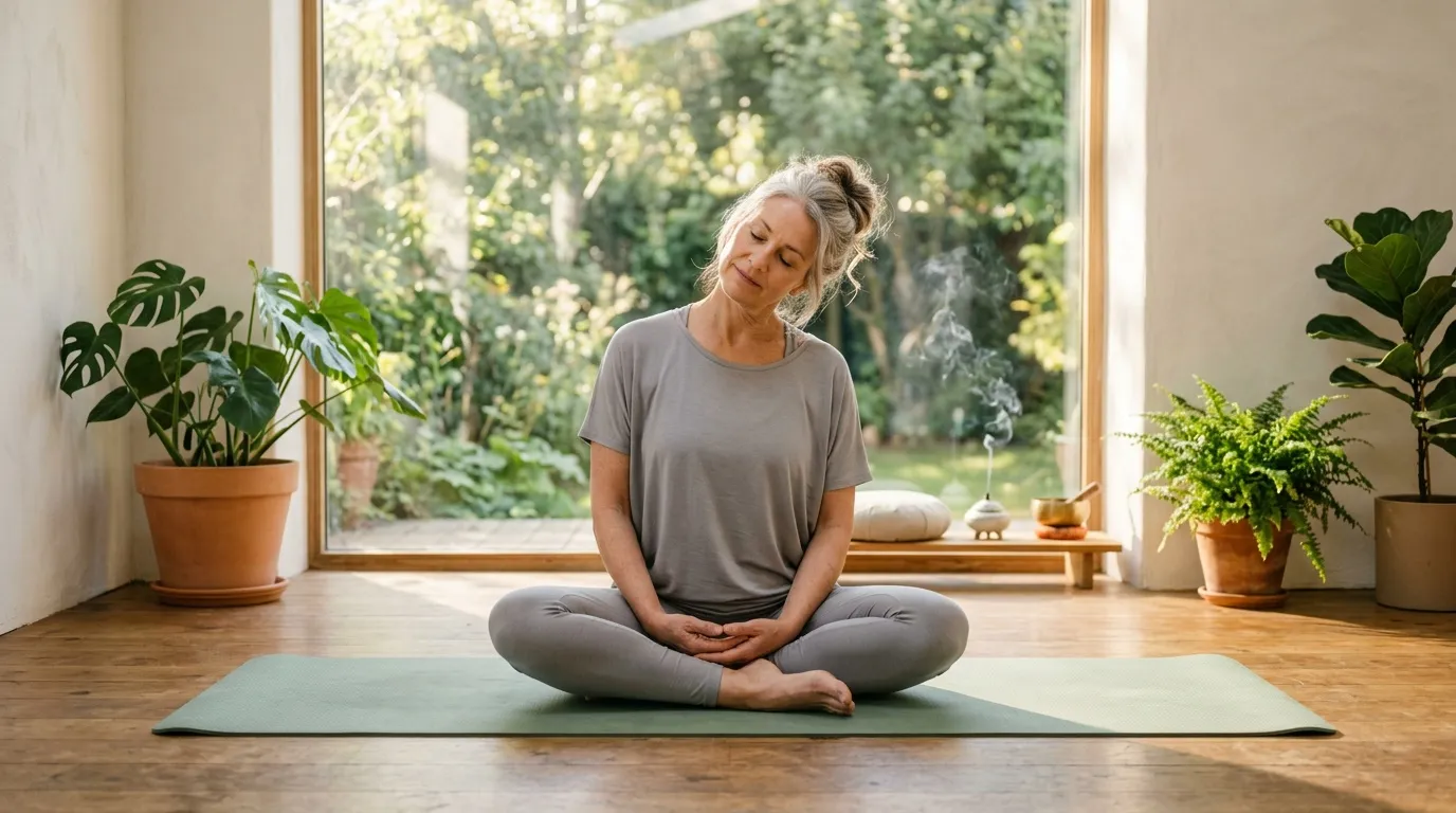 Femme méditant en position lotus dans un salon lumineux avec plantes