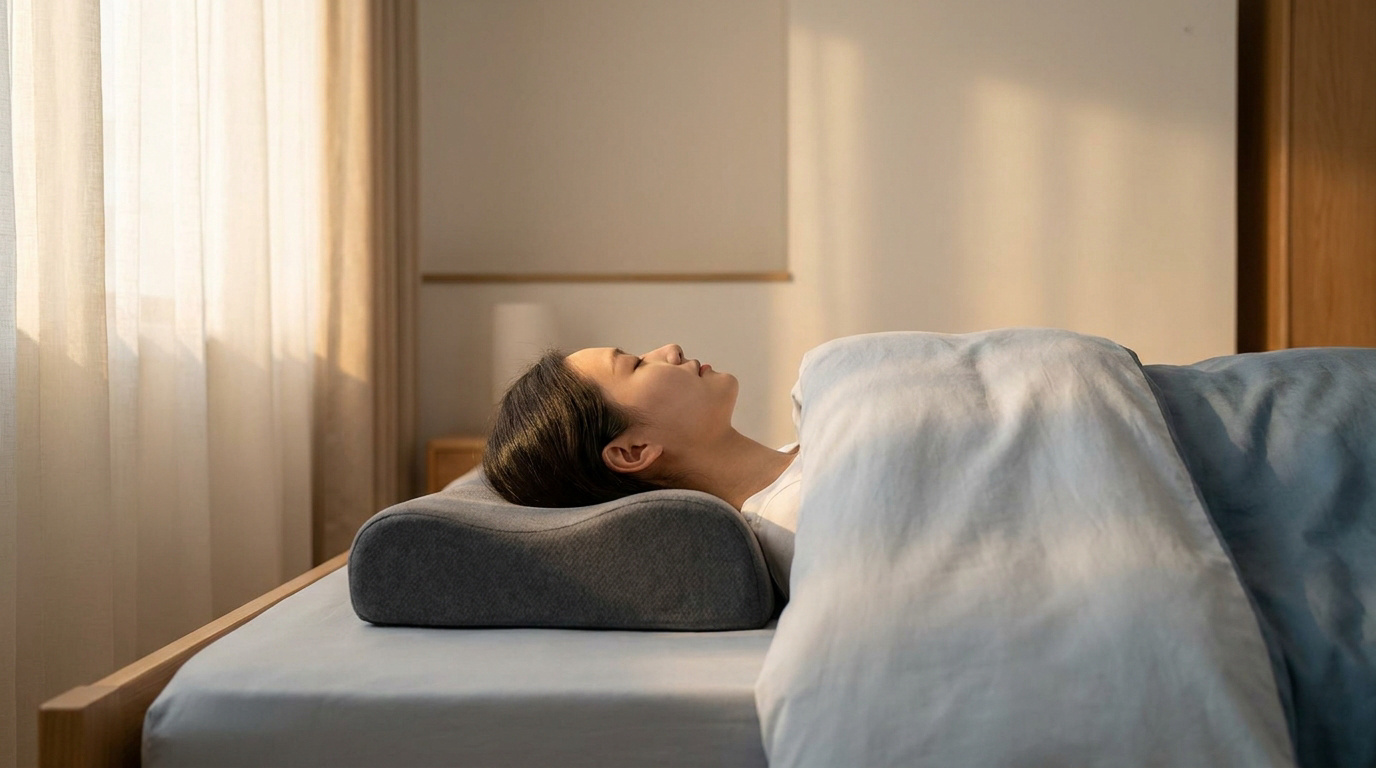 Une femme dort paisiblement sur un oreiller ergonomique à mémoire de forme dans une chambre lumineuse.